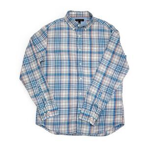 Banana Republic Mens Medium Blue Plaid Linen Blend Button Down Shirt 58% Linen